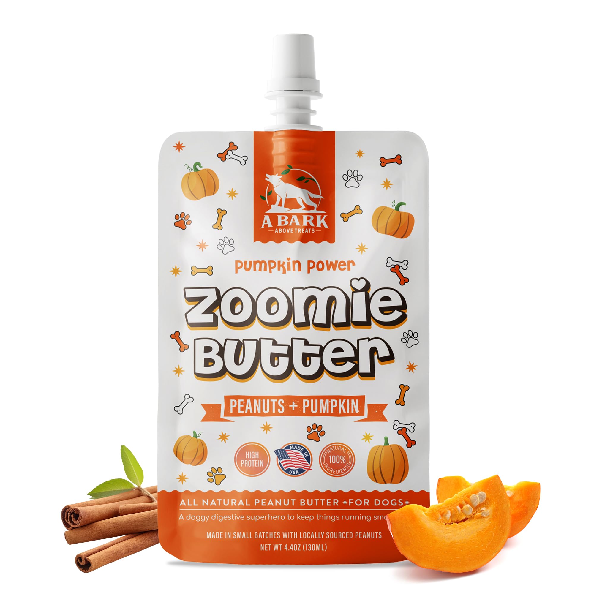 Zoomie Butter Pumpkin Power Dog Peanut Butter Squeeze All Natural Dog Treat. Human Grade Healthy Dog Food Peanuts & Pumpkin for Shiny Coat Digestion & Fiber Pet Enrichment Toys USA Grown & Made