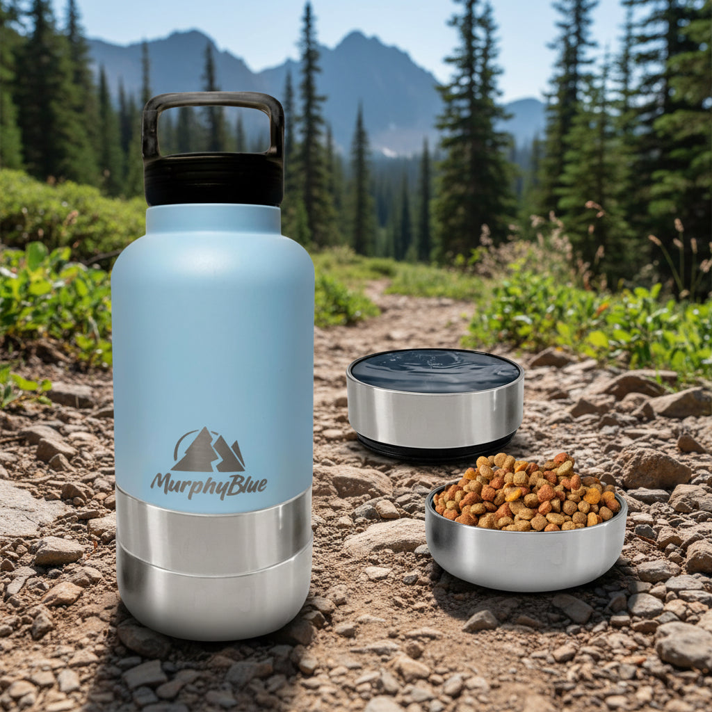 Dog Travel Water Bottle | Lid w/Built-in Carabiner | Portable Dog Water Bottle and Food Bowl 32 Oz.