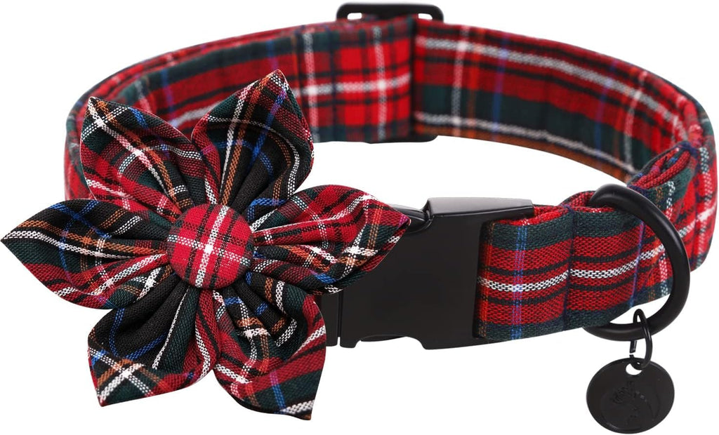 Dog Collar with Flower Christmas Red Plaid Dog Collar Cute Red Checked Dog Collar Adjustable Dog Collar for Small Medium Large Dog