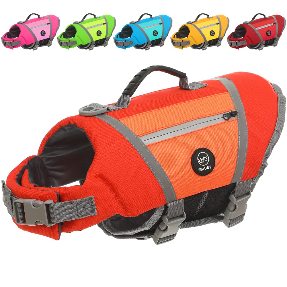 EMUST Dog Flotation Vest High Visibility Life Vests for Dogs with High Buoyancy Heavy-Duty Dog Life Jackets for Large Dogs with Adjustable Straps for Pugs Boxers Basset Hounds Orange L