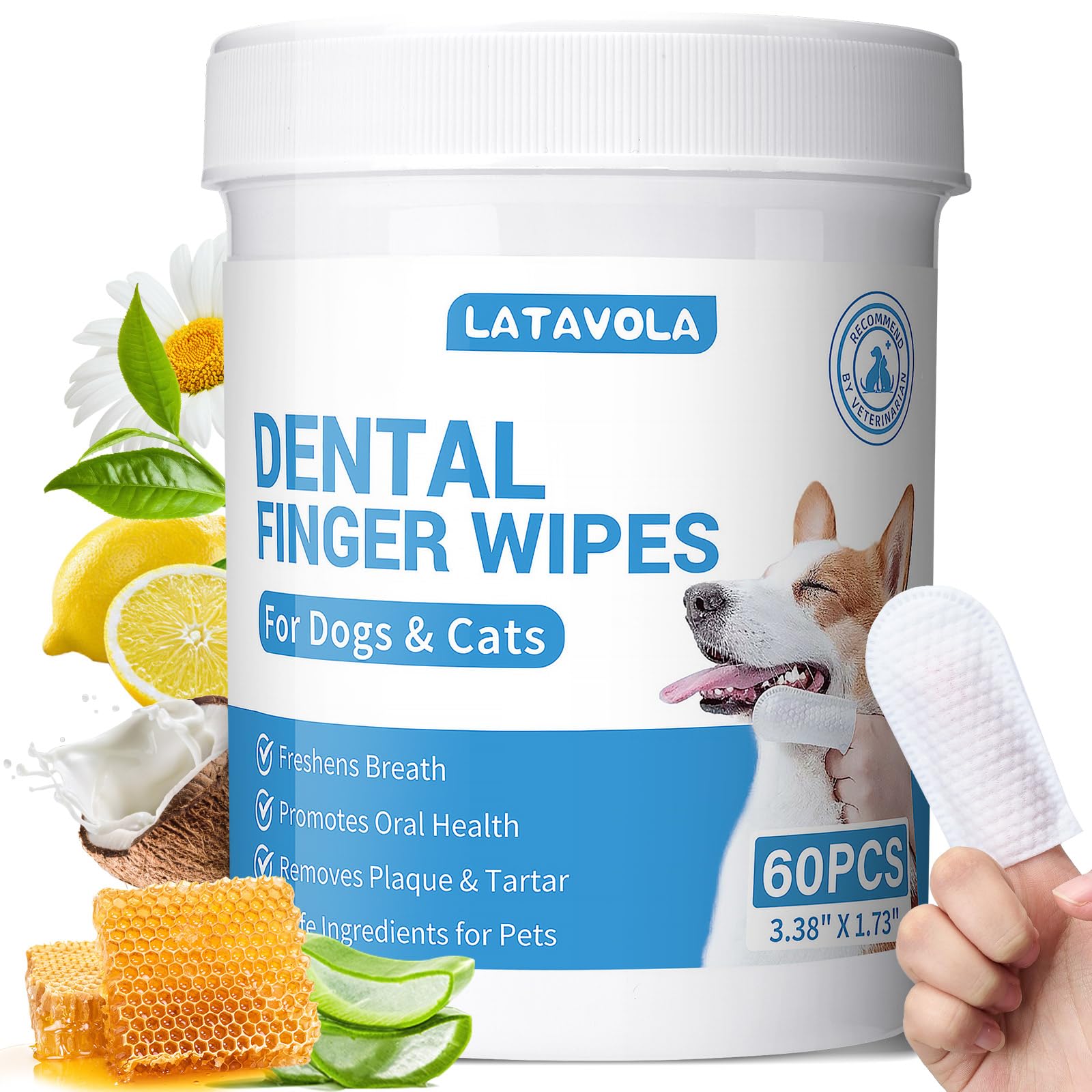 LATAVOLA Dog Teeth Cleaning Wipes - Cat & Dog Dental Wipes - Dog Tooth Brushing Kit Dental Finger Wipes Reduces Plaque & Freshens Breath - 58 Count