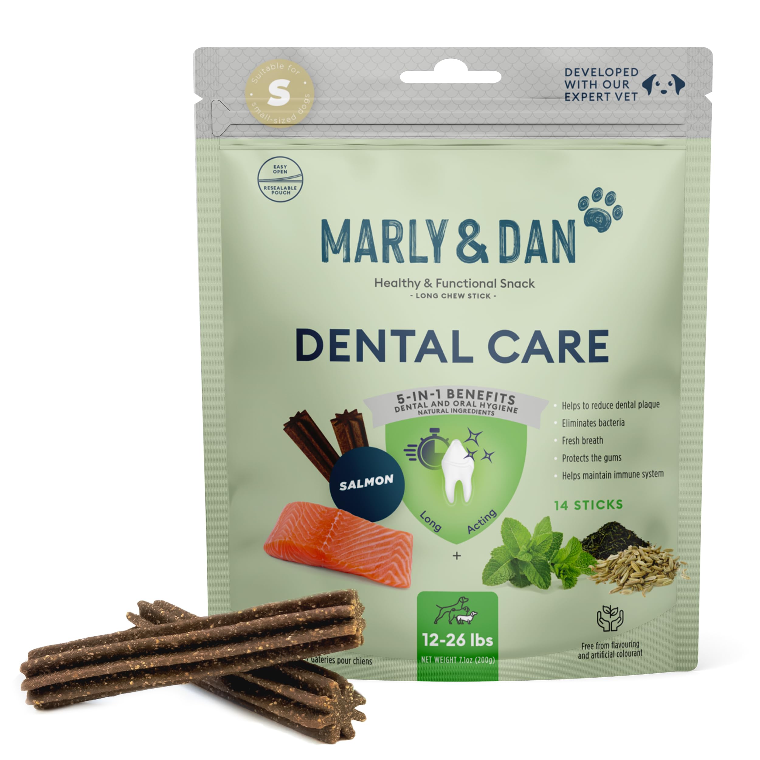 Marly & Dan Dental Care Chew Sticks 5-in-1 Benefits for Dental and Immune System Health Salmon Peppermint & Green Tea Chew Treats for Dogs (Dogs 12-26lbs)