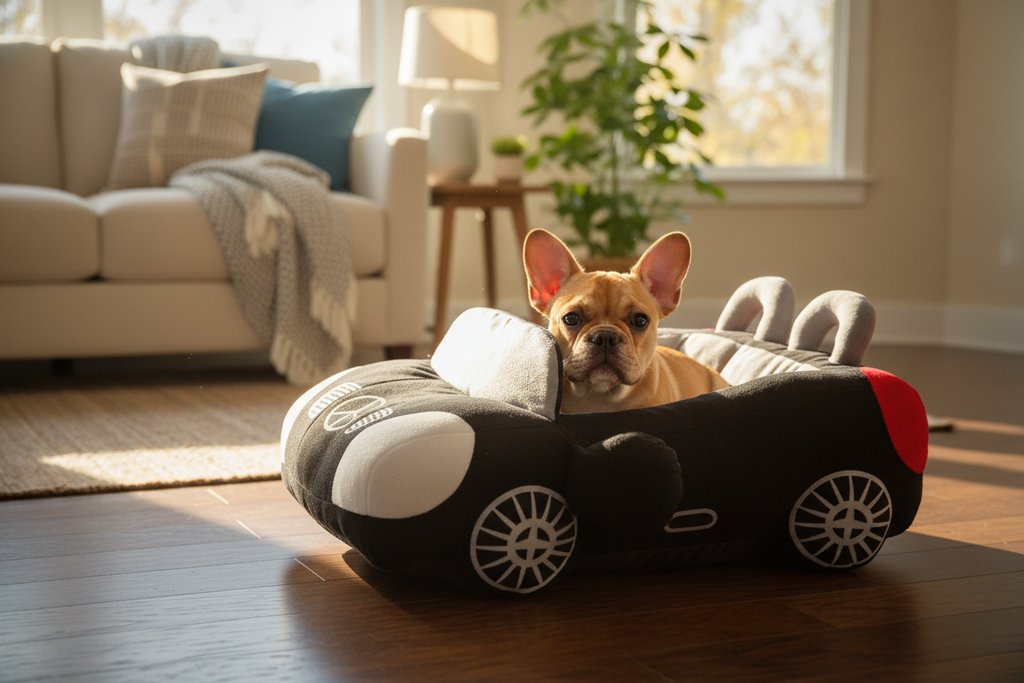 French Bulldog in Car Bed