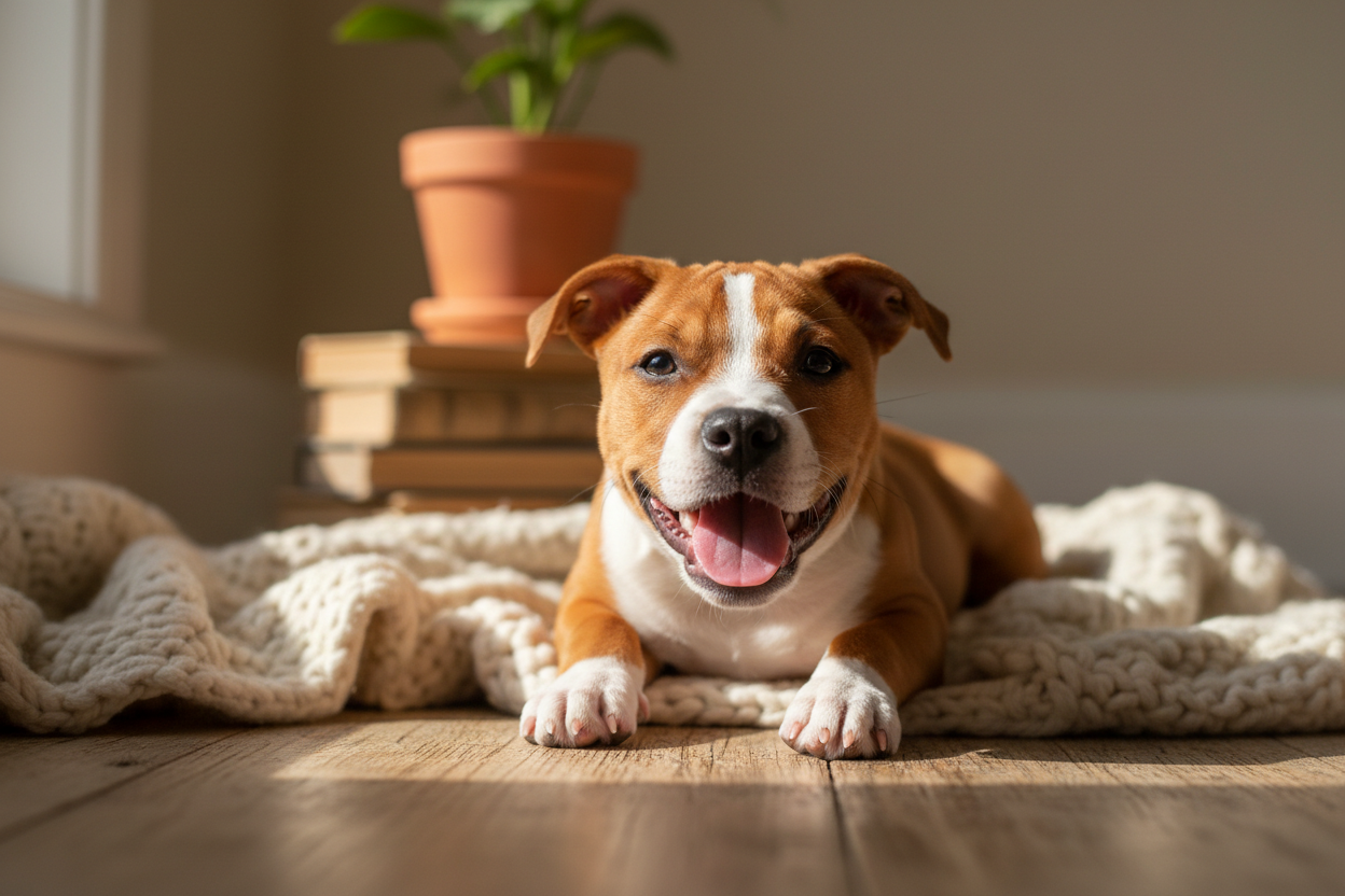 Staffordshire Terrier puppy in cozy home
